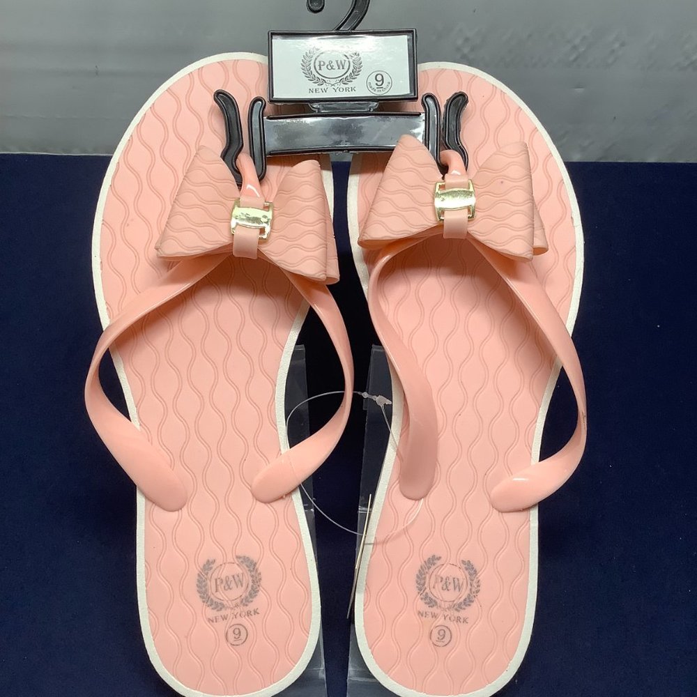 PEACH - PINK WITH WHITE TRIM BOW SANDALS - NEW